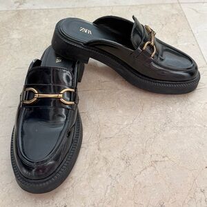 Zara Black Mules with Gold Horsebit / size 8